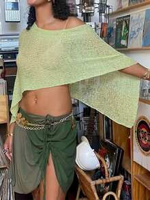 Women Sheer Mesh Knit Sweater Tops Y2K Irregular Summer Loose Pullover Jumper Shirt Beach Cover Ups - màu xanh lá - Xem 2