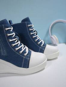 New Wedge Heel Thick Sole Hidden Height Women's Shoes, Side Zipper Design Daily Versatile Casual Shoes - Blue - View 4
