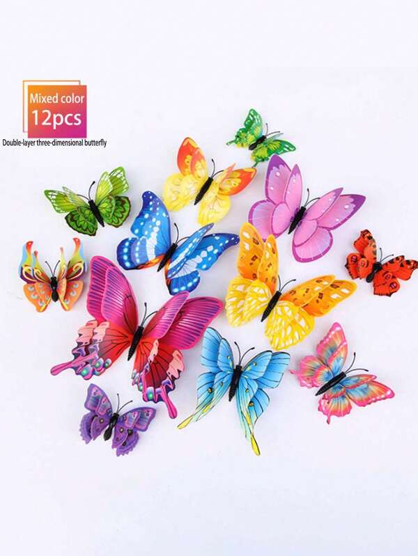 12pcs 3D Plastic Butterfly Wall Stickers, Realistic Decals For Living Room, Bedroom, Creative Fridge Stickers