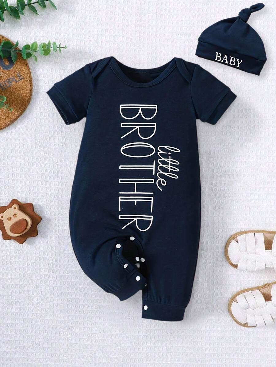 2pcs Men's Baby Letter Little Brother Fashion Printed Shoulder Short Sleeved Jumpsuit&Hat Summer Set