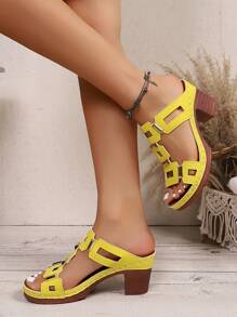 1双女士时尚复古几何图案波西米亚风假日复古别致PU皮革铆钉镶嵌时尚高跟凉鞋，适合婚礼、派对、节日、夏季和其他场合 - 黃色 - 查看 5