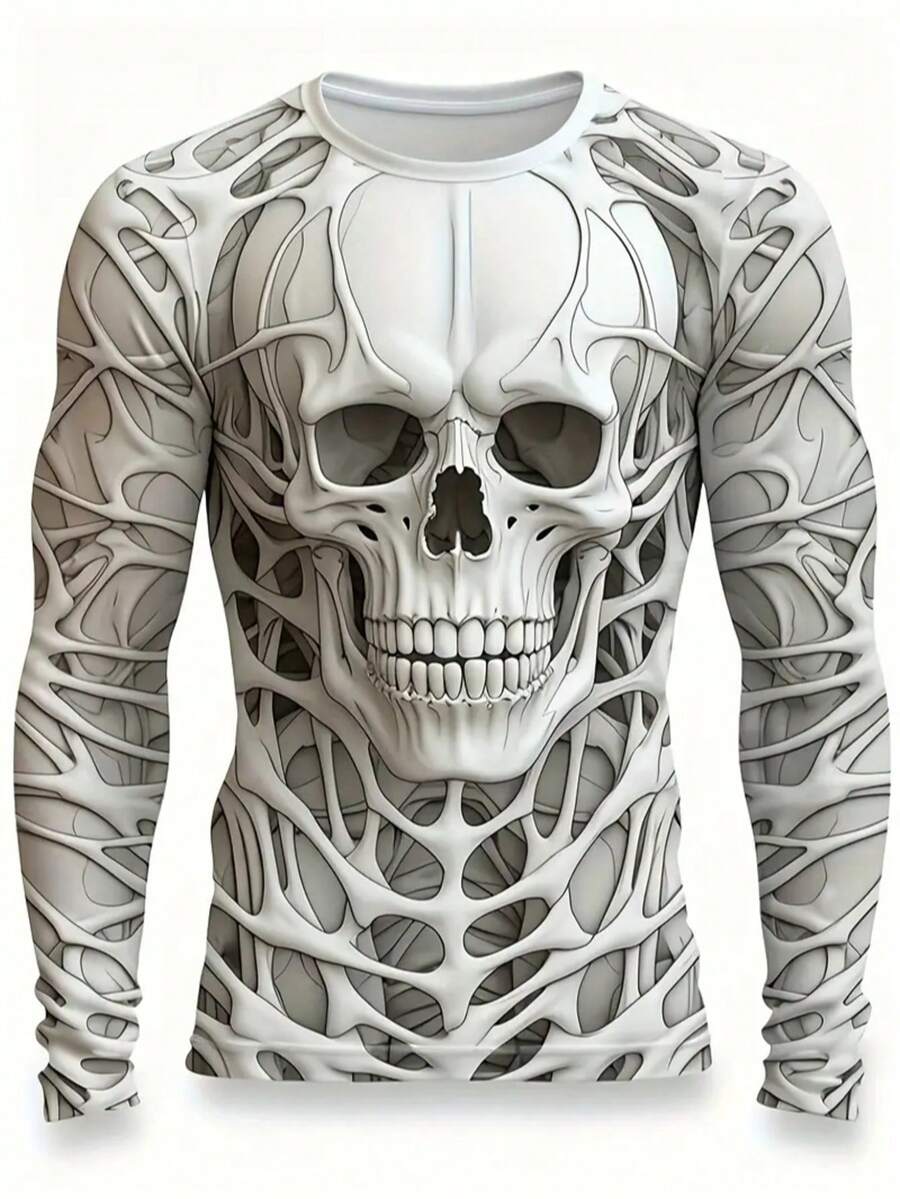 Men's 3D Printed Skull Pattern Long Sleeved T-Shirt, Casual Round Neck, Polyester Knitted Fabric, Slightly Elastic, Regular Pullover, Breathable Street Style, Lightweight And Breathable, Suitable For All Seasons, Give Gifts To Friends
