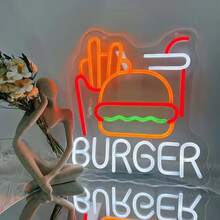 1pc LED Neon Sign Burger & Fries, Wall Art Decor, USB Powered Fast Food Neon Light, Suitable For Home, Restaurant, Bar, Man Cave Decoration, Plastic