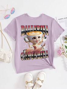 1 件青少年女孩咖啡色芭蕾舞女演员图案短袖超大 T 恤，柔软亲肤面料，日常街头夏季风格 - 紫色 - 查看 2