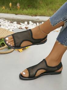 New Casual Women's Flat Sandals Solid Color Beach Elegant Casual Leisure Mesh Stitching Holiday Party Home Festival - Black - View 3