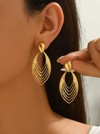 1 par de pendientes de mujer con forma de hoja de sauce hueca de acero inoxidable, diseño multicapa único, ligero y elegante