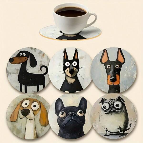 Set de 6 posavasos de madera con diseño lindo de perros - Diseño colorido, ideal para bebidas, té, café, uso doméstico y de camping. Un regalo perfecto de vacaciones para amantes de los perros, familiares, amigos y colegas