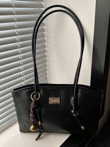 1 pieza Bolso de bolos de unicolor de PU con cierre de cremallera acolchado, gran capacidad, bolso de hombro de moda, estilo retro - Negro - Ver 7