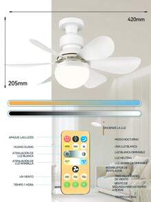 Lampara De Techo Con Ventilador Entrada E27 20.5Pulgada(185mm*520mm) Velocidades Y Luces Ajustable 40Watts Ahorrador 3000-6500k 6Aspas Mica Opalina