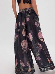 Women Casual High Waist Wide Leg Pants Vintage Flower Print Lace Trim Summer Long Pants Lounge Beach Trousers - 黑色 - 查看 2