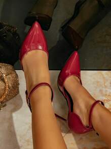 女士可调节系带高跟鞋，10 厘米尖头优雅细高跟鞋，酒红色 PU 皮革鞋面，适合日常穿着和派对
