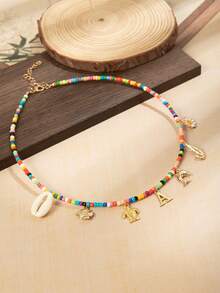 1 pieza Collar de cuentas de plástico de colores con colgante con letra, collar de estilo bohemio con tema oceánico de verano en la playa con encantos de pez, tortuga, concha, delfín, camarón, margarita, con cierre de langosta dorado ajustable para usar cómodamente, adecuado para todo el día, regalo ideal para madre, esposa, hermana o amiga en cumpleaños, aniversario o Navidad