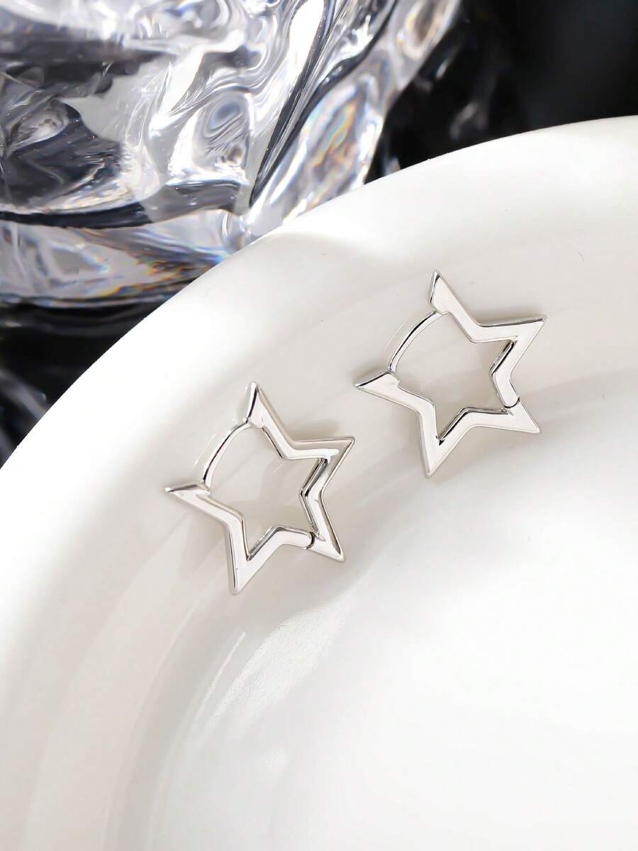 1 Pair Star Shaped Hoop Earrings, Suitable For Women's Daily And Festival Wear - Silver - View 1