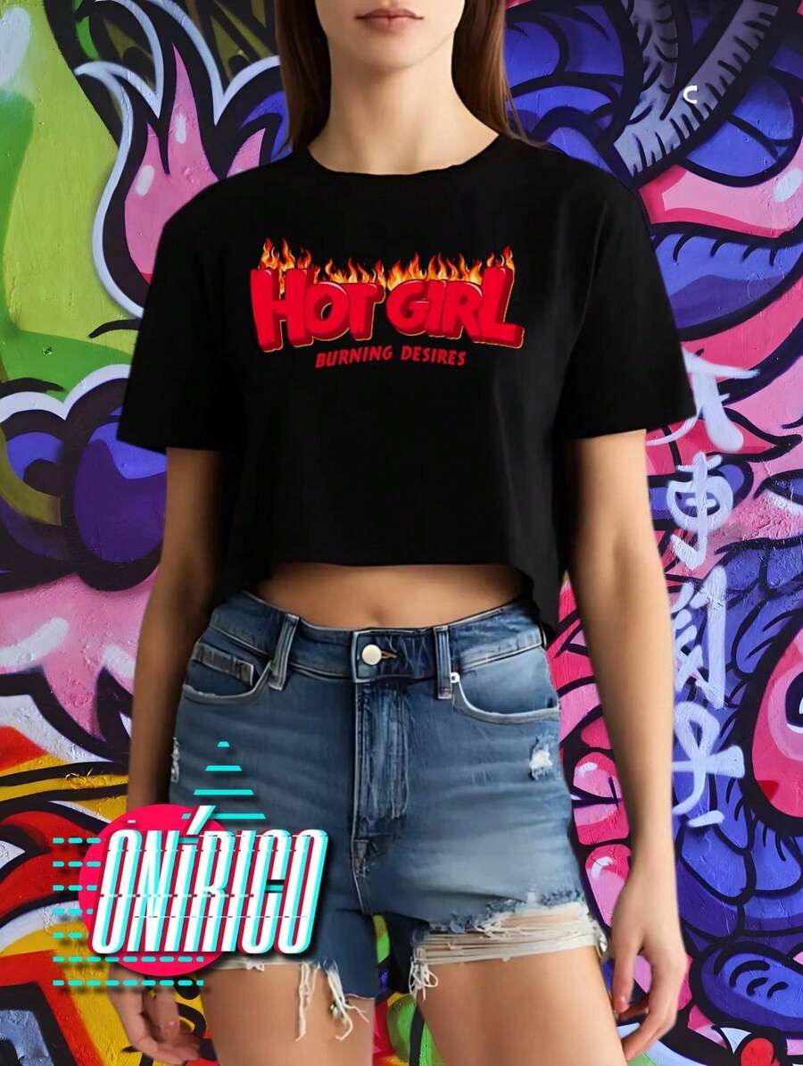 Crop top Hot Girl Ombliguera Hot Girl Camiseta corta  Letras  Dibujos animados    Casual    Ninguno    Escenario y concierto  Noche de fiesta  Playa - Negro - Ver 1