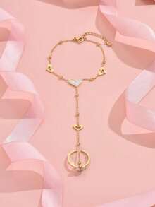 1pc Fashionable White Shell Heart Shaped Stainless Steel Connected Finger Bracelet For Women, High-End Luxury Versatile Celebration Holiday Sexy Ring Bracelet Jewelry - Yellow Gold - View 13