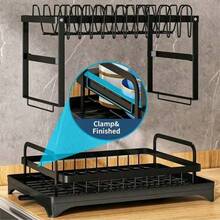 2 Tier Kitchen Sink Dish Drainer Rack With Drip Tray Cutlery Holder Plate Rack,Kitchen Accessaries,Dish Drying Rack,Plate Rack,Multi-Function Dish Rack, Kitchen Rack, Drain Sink, Bowls, Chopsticks, Cups & Plates & Knives Storage Rack Holder, Carbon Steel, Large Capacity - Multicolor - View 6