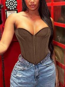 Yuwenier Y2K 镂空系带露背紧身胸衣，音乐节夏季 - 咖啡棕 - 查看 5