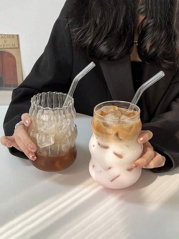 1 pieza Taza de vidrio asimétrica y estética de 550ml (sin pajilla), taza de café ondulada creativa, taza de té linda para café helado, jugo, cerveza, taza de café moderna, vajilla reutilizable, juego de vajilla de vidrio para viajes de verano