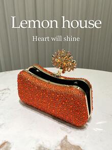 1pc Orange Glitter Luxury Rhinestone Elegant Evening Bag, Rhinestone Embellished Fashion Clutch Purse For Formal Party, Wedding, Cocktail Party - Ideal Gift For Women - Orange - View 7