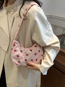 Fashionable Versatile Textured Solid Color New Plant Printed Shoulder Bag, Casual Simple Mini Baguette Square Crossbody Handbag For Women - Pink - View 4