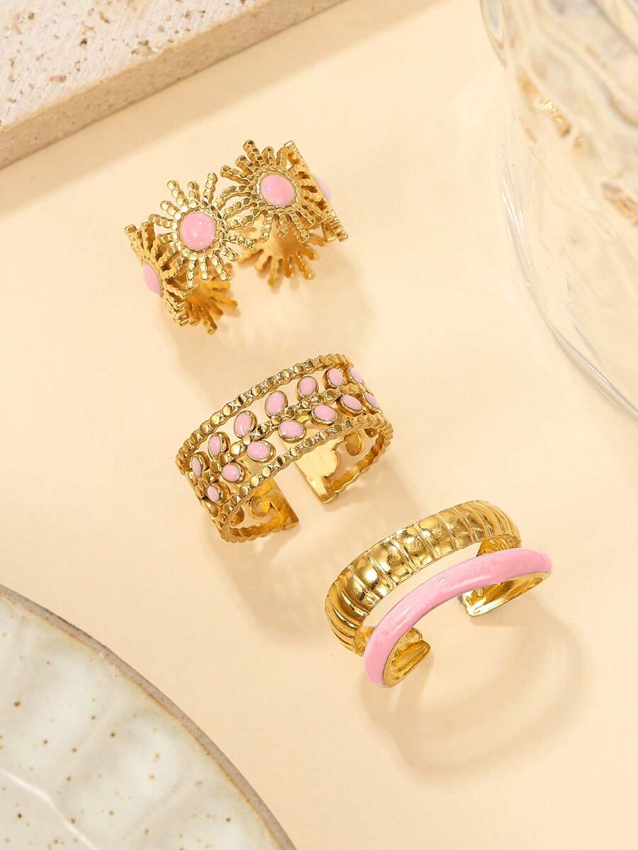 3pcs Fashion Simple Stainless Steel Blue Oil Drop Ring Set Suitable For Ladies Daily Wear Or Gift Giving - Yellow Gold - View 1