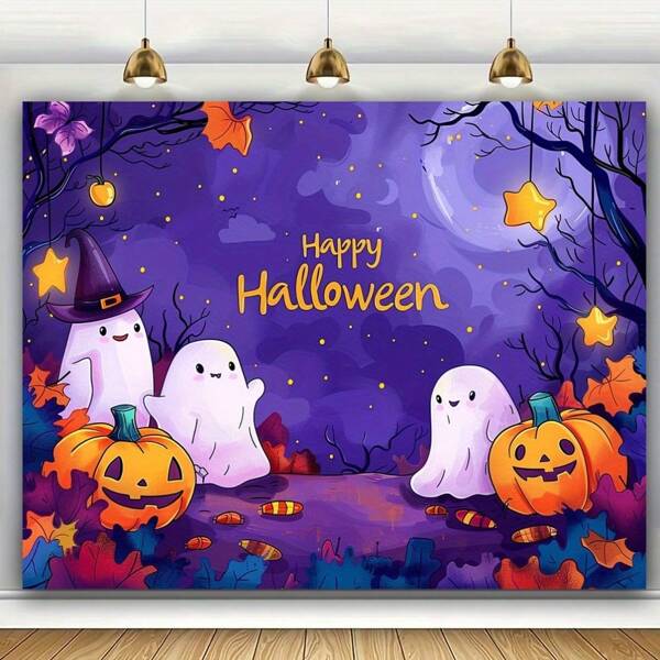 Un fondo de Halloween sin energía con fantasmas y calabazas en estilo de dibujos animados, apto para diferentes ocasiones como celebraciones de Halloween, decoraciones de habitaciones y jardines, reuniones de otoño y talla grande.