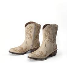 女式西部风短靴：低跟粗跟、方头、秋季短靴 - 米色 - 查看 8