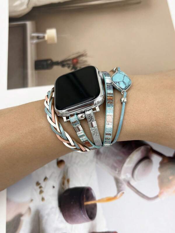 1 pièce Bracelet de montre en cuir PU de style bohème, multibrins, coloré, à motif losange, en turquoise naturel, de longueur réglable, compatible avec les montres de 38/40/41/42/44/45/49 mm Ultra/SE/9/8/7/6/5/4/3/2/1