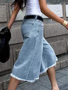 Women's Distressed Asymmetrical Hem Capri Denim Jeans Casual Summer - Light Wash - View 3