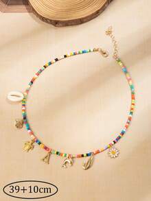 1 pieza Collar de cuentas de plástico de colores con colgante con letra, collar de estilo bohemio con tema oceánico de verano en la playa con encantos de pez, tortuga, concha, delfín, camarón, margarita, con cierre de langosta dorado ajustable para usar cómodamente, adecuado para todo el día, regalo ideal para madre, esposa, hermana o amiga en cumpleaños, aniversario o Navidad