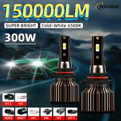 2 piezas Combinación de haz alto/bajo de faro de coche H1 H3 H7 H11 9005/HB3 9006/HB4 9012 9004 9007 H4 H13, 12V 6500K blanco súper 150000LM, chip 3570CSP de ventilador de alta velocidad y brillo, bombilla enchufable y lista para usar, haz súper enfocado, enfriamiento rápido de aluminio de aviación