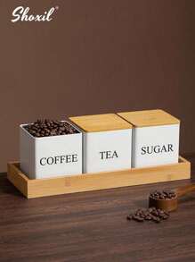 shoxil 3个带竹盖的密封咖啡储物罐 - 方形金属展示罐，适用于咖啡豆、茶叶、零食和干货，厨房橱柜收纳（3件套）