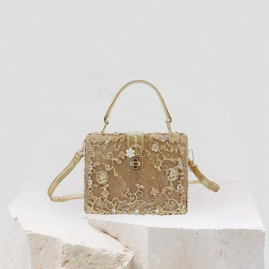 Women Evening Clutch Acrylic Square Bag Rhinestones Shoulder Bag Crossbody Bag Handbag - Gold - View 1