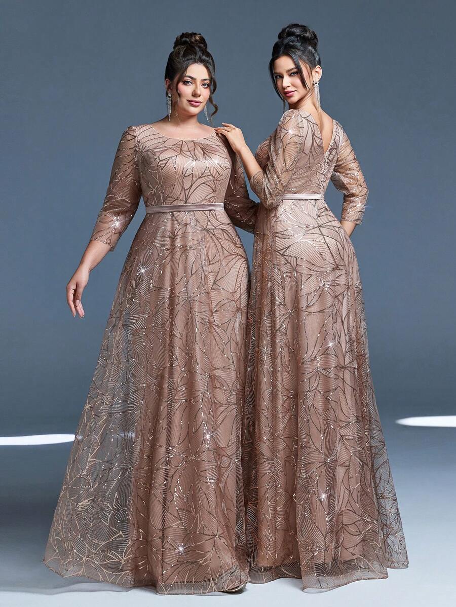 Mgiacy New Arrival Round Neck Evening Gown Dress Sequin Contrast Lace Belt Mgiacy-Classy A-Line Dress