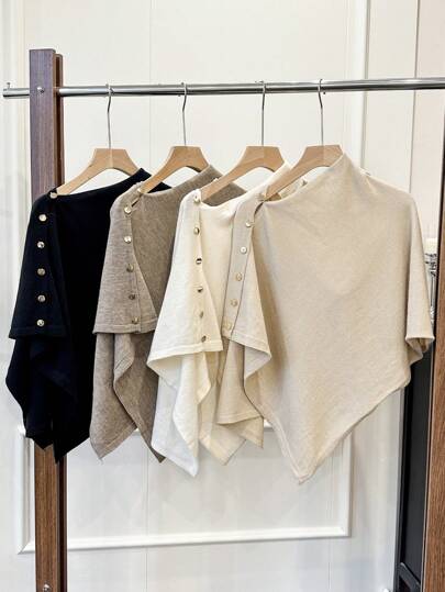 1pc Women's Solid Color Knitted Cardigan With Side Buttons, Rivet Decor, Sun Protection, Warm, Casual, Elegant, Suitable For Office, Travel, Outdoor, Back To School, Spring/Autumn/Winter