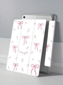 Beautiful Pink Letter Flower Bow Painted Pattern Transparent Silicone Shock-Absorbing Stand With Pen Slot, Suitable For Galaxy Tab A8 10.5, S6 Lite 10.4, S7/S8/S9Inch. It Supports Waking Up From Sleep As A Holiday Gift
