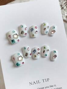 手工制作彩色淡甜清爽INS风短方形假指甲，可卸手工按压式指甲 - 彩色 - 查看 1