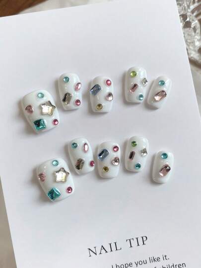 Uñas postizas desmontables de colores, con un temperamento dulce y fresco, que resaltan el blanco, de uso corto y cuadrado, para decoración de uñas, suministros de uñas