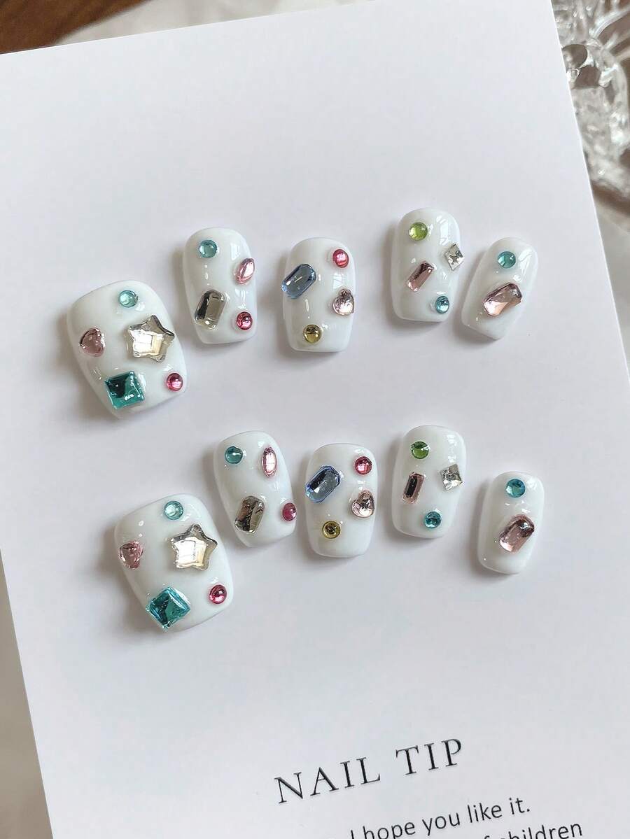 手工制作彩色淡甜清爽INS风短方形假指甲，可卸手工按压式指甲 - 彩色 - 查看 1