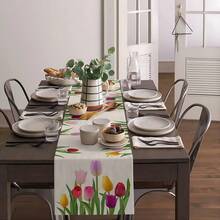 1 件春季郁金香花卉涤纶桌旗 - 北欧风格梳妆台餐桌装饰农舍厨房餐厅桌布可水洗抗皱节日派对婚礼装饰复古印花家居装饰节日气氛防水防油