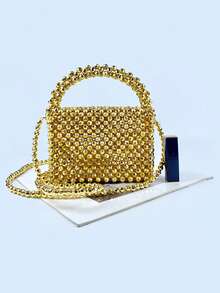 New Mini Black Spikes Beaded Handbag, Tote And Shoulder Bag - Gold - View 9