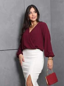 Wrap Blouse Dune Fabric New Women's Fashion! Simple Wool Crossed Daily Women's T-Shirts - 酒紅色 - 查看 3