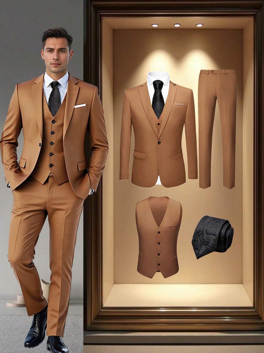 4 Pcs Men Blazer Jacket Vest Pants Tie Lapel Collar One Button For Evening Prom Dinner Wedding Banquet Men Classic Commuting Suit - 駝色 - 查看 1