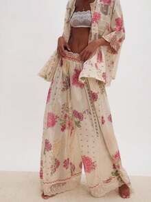 Women Casual High Waist Wide Leg Pants Vintage Flower Print Lace Trim Summer Long Pants Lounge Beach Trousers