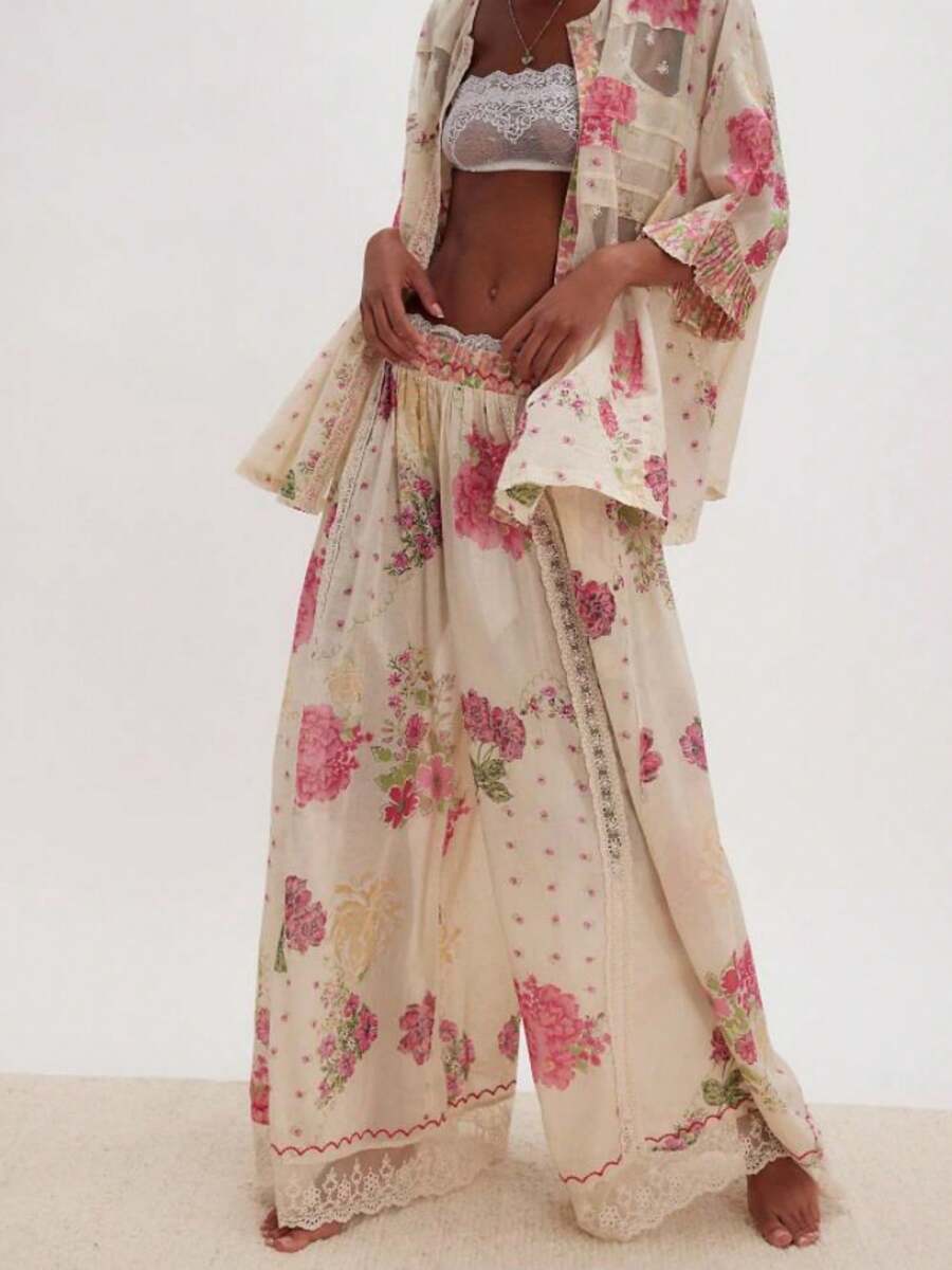 Women Casual High Waist Wide Leg Pants Vintage Flower Print Lace Trim Summer Long Pants Lounge Beach Trousers