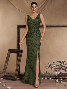 BluePlum Đầm dạ hội cao cấp, sang trọng, co giãn, đính sequin, cổ chữ V, xẻ cao, đuôi cá, thiết kế hở lưng tinh tế, phù hợp cho tiệc cocktail, đám cưới, các dịp trang trọng mùa xuân. - Màu xanh Ô liu - Xem 2