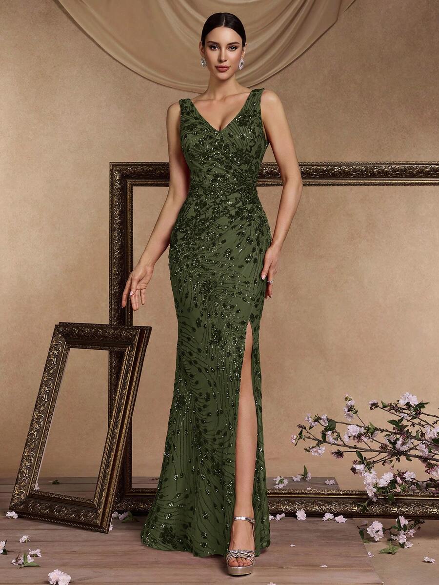 BluePlum 优雅高品质弹力亮片修身礼服，V领，高开衩，美人鱼尾，奢华露背设计，适合鸡尾酒会、婚礼、春季正式场合。