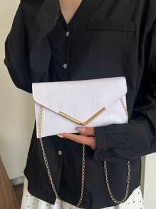 Solid Color Textured Metal Edged Shoulder Bag, Flap Chain Envelope Bag, Crossbody Bag, Wallet, Phone Pouch, Suitable For Dates/Formal Events, Shopping, Wallet, Shopping, Young Women, College Students, Newlyweds, Office Ladies. Ideal For Office, University, Work, Business, Commuting, Outdoor Activities, Travel And Outings - White - View 3