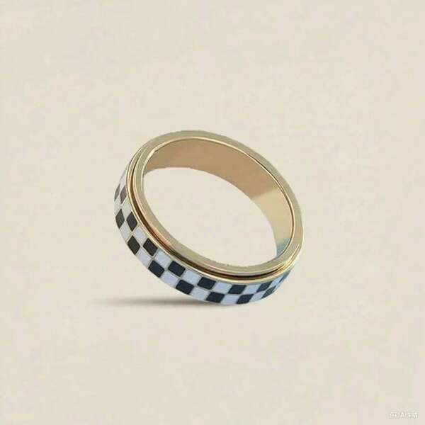 Stainless Steel Black And White Chessboard Pattern Finger Ring, Colorfast Square Checkerboard Style Rings For Women And Couples