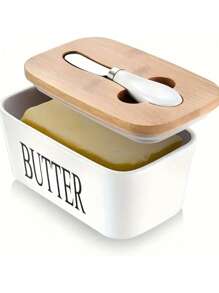 1 Piece Of Butter Dish, With Bamboo Lid, Multi-Functional Butter Dish, Ceramic French-Style Butter Plate, Suitable For Spreading Soft Butter, Equipped With A Waterproof Sealed Butter Container Stand, Very Suitable For Kitchen Baking And As A Gift. Sealed Butter Container Lid, Suitable For Kitchen Countertop Or Refrigerator Use, Household Kitchen Utensil.